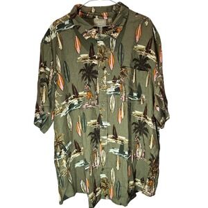 Hawaiian Linen Blended Men's 2XL Aloha Tropical Scene Print Short Sleeve‎ Shirt